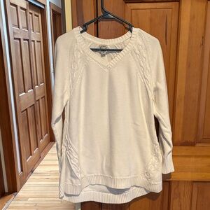 L.L. Bean White V-Neck Sweater Intricate Cable Designs